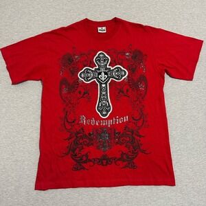 Y2K Redemption Cross Baroque Dragon Graphic Tee Red‎ MMA Biker XL